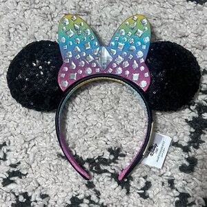 Disney Black Sequin Minnie Ears Headband with Rainbow Crystal Bow